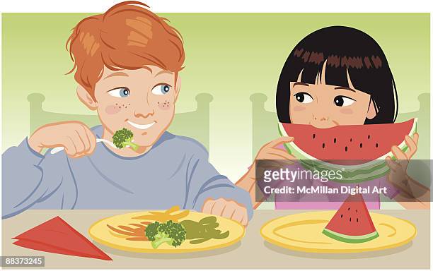 boy and girl eating fruit and vegetables - freckle stock illustrations