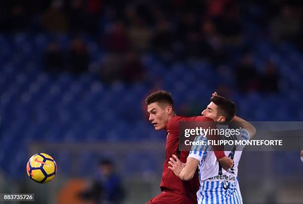 Roma's forward from Czech Republic Patrik Schick vies with Spal's defender Federico Mattiello during the Italian Serie A football match AS Roma vs...