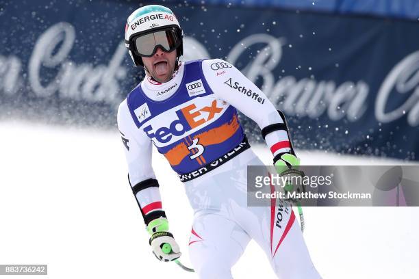 Vincent Kriechmayr of Austria celebrates after crossing the finish line in the Men's Super-G during the Audi Birds of Prey World Cup on December 1,...
