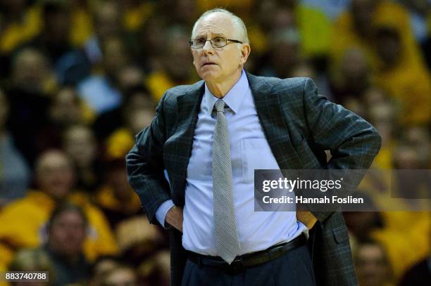 Head coach Jim Larranaga of the Miami Hurricanes looks on during the game against the Minnesota Golden Gophers on November 29, 2017 at Williams Arena...