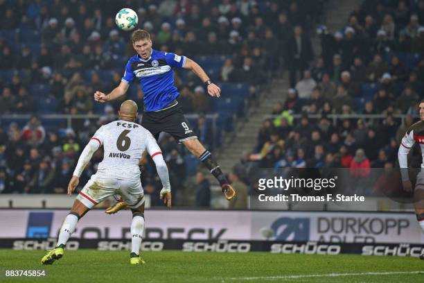Fabian Klos of Bielefeld scores during the Second Bundesliga match between DSC Arminia Bielefeld and FC St. Pauli at Schueco Arena on December 1,...