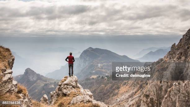 hiker alone admire mountain range - back shot position stock pictures, royalty-free photos & images