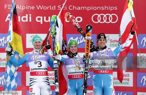 Alpine Ski-WM - Ski Alpin WM Schladming 2013 Slalom Herren SIEGEREHRUNG; Felix Neureuther gewinnt Silber, Weltmeister Marcel Hirscher gewinnt Gold...