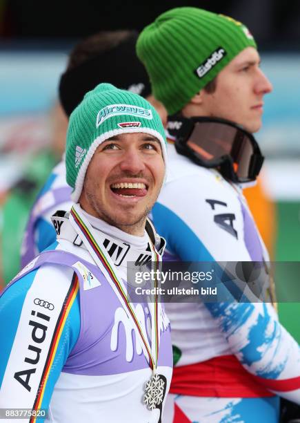 Alpine Ski-WM - Ski Alpin WM Schladming 2013 Slalom Herren Felix Neureuther (li, GER lacht ueber seine Silbermedaille; Weltmeister Marcel Hirscher