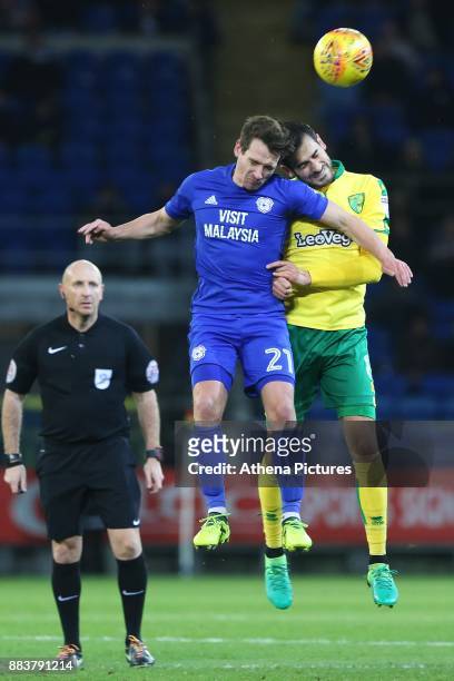 Craig Bryson of Cardiff City contends with Mario Vrancic of Norwich City during the Sky Bet Championship match between Cardiff City and Norwich City...