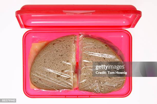 slice of bread in lunch box, elevated view - lunchlåda bildbanksfoton och bilder