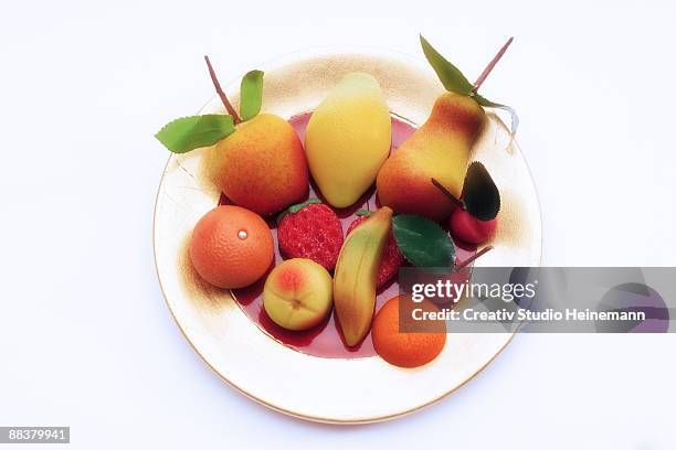 marzipan fruits on plate - marzipan stock-fotos und bilder