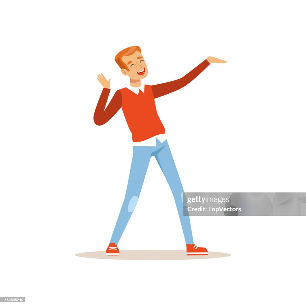 Redhaired Man Dancing With Cheerful Face Expression Cartoon Male Character  Having Fun At Party Dressed In Sweater And Jeans Flat Vector Design  High-Res Vector Graphic - Getty Images