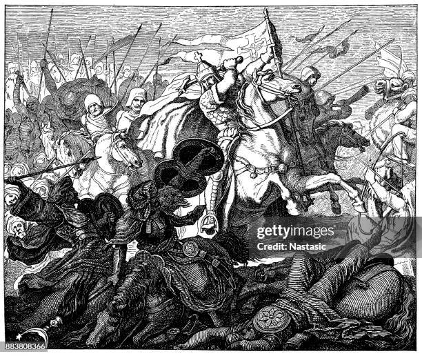 charles martel in the battle of tours (732) - poitiers stock illustrations