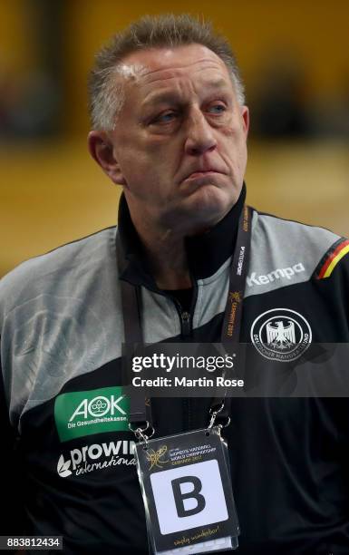 Michael Biegler, head coach of Germany reacts during the IHF Women's Handball World Championship group D match between Germany and Cameroon at Arena...