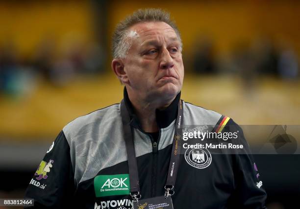 Michael Biegler, head coach of Germany reacts during the IHF Women's Handball World Championship group D match between Germany and Cameroon at Arena...