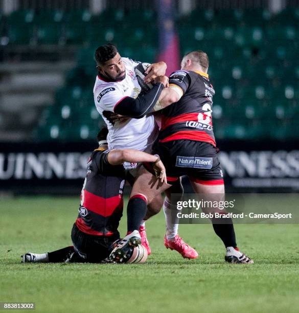 Ulster's Charles Piutau is tackled by Dragons' Lloyd Fairbrother during the Guinness Pro14 Round 10 match between Dragons and Ulster Rugby at Rodney...