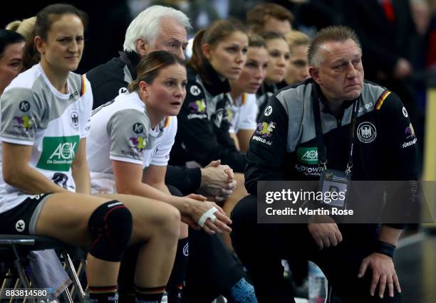 Michael Biegler, head coach of Germany reacts during the IHF Women's Handball World Championship group D match between Germany and Cameroon at Arena...