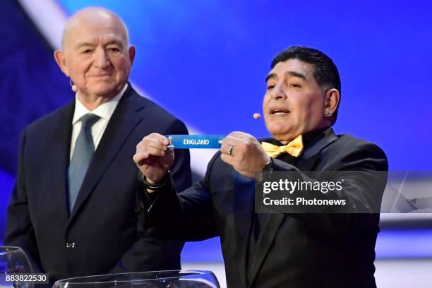 Diego Maradona shows England during the FIFA World Cup Russia 2018 Final Draw in the State Kremlin Palace on December 01, 2017 in Moscow, Russia,...