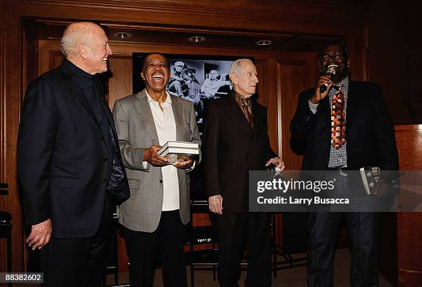 Musicians Mike Stoller, Ben E. King, Jerry Leiber and Randy Jackson attend the cocktail reception and book signing for Leiber & Stoller's "HOUND DOG"...