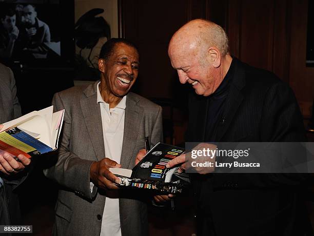 Musicians Ben E. King and Mike Stoller attend the cocktail reception and book signing for Leiber & Stoller's "HOUND DOG" at the Sony Club on June 9,...