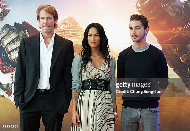 Actress Megan Fox, director Michael Bay and actor Shia LaBeouf attends "Transformers: Revenge of the Fallen" press conference at Kring on June 10,...