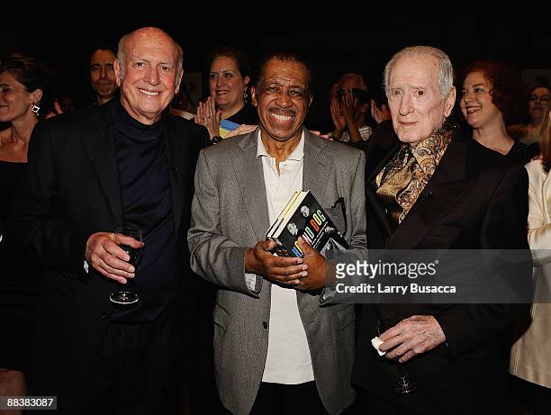 Musicians Mike Stoller, Ben E. King and Jerry Leiber attend the cocktail reception and book signing for Leiber & Stoller's "HOUND DOG" at the Sony...