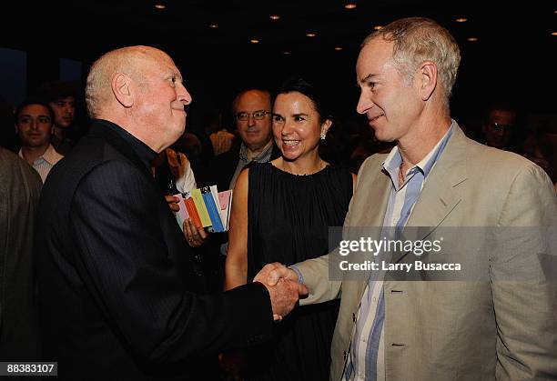 Musician Mike Stoller, Patty Smyth and tennis player John McEnroe attend the cocktail reception and book signing for Leiber & Stoller's "HOUND DOG"...