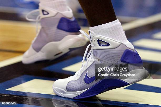 The shoe of Mickael Pietrus of the Orlando Magic shows the flight number of the missing Air France plane in Game Three of the 2009 NBA Finals against...