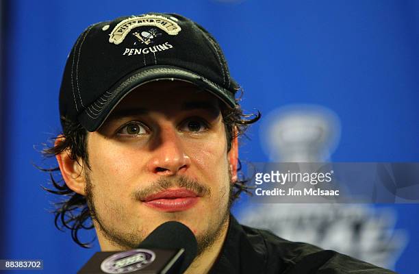 Sidney Crosby of the Pittsburgh Penguins speaks to the media during a press conference after Game Six of the NHL Stanley Cup Finals at the Mellon...