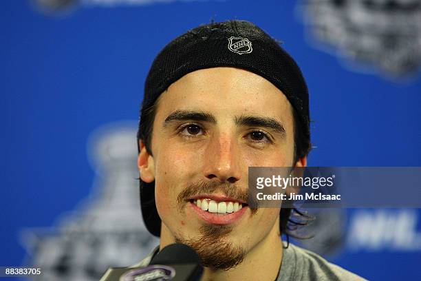 Marc-Andre Fleury of the Pittsburgh Penguins speaks to the media during a press conference after Game Six of the NHL Stanley Cup Finals at the Mellon...