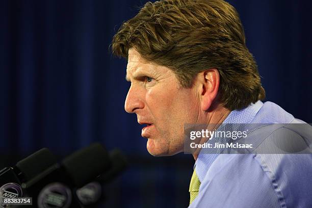 Head coach Mike Babcock of the Detroit Red Wings speaks to the media during a press conference after Game Six of the NHL Stanley Cup Finals at the...