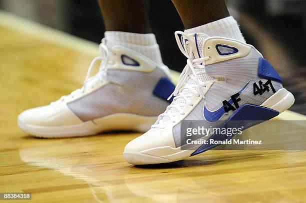 The shoe of Mickael Pietrus of the Orlando Magic shows the flight number of the missing Air France plane in Game Three of the 2009 NBA Finals against...
