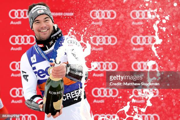 Vincent Kriechmayr of Austria celebrates on the medals podium after winning the Men's Super-G during the Audi Birds of Prey World Cup on December 1,...