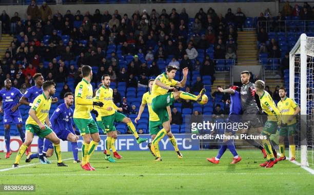 Timm Klose of Norwich City clears the ball form a corner during the Sky Bet Championship match between Cardiff City and Norwich City at The Cardiff...