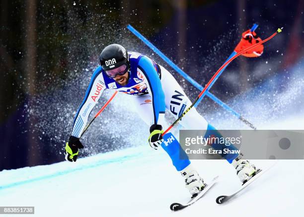 Andreas Romar of Finland crashes through a gate during the Audi Birds of Prey Super G World Cup race on December 1, 2017 in Beaver Creek, Colorado.