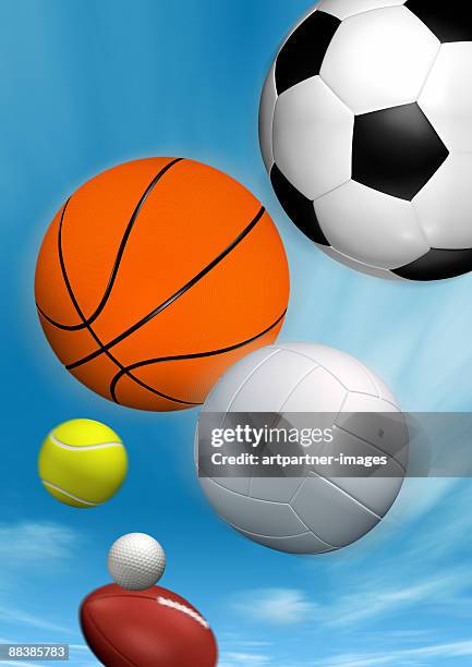 various flying balls in a blue sky - golf ball in air stock pictures, royalty-free photos & images