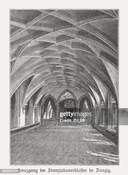 cloister, franciscan monastery, gdansk (danzig), wood engraving, published 1884 - castle interior stock illustrations