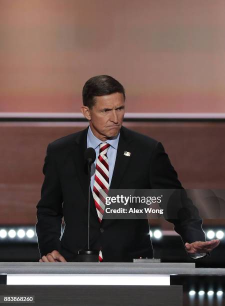 Retired Lt. Gen. Michael Flynn delivers a speech on the first day of the Republican National Convention on July 18, 2016 at the Quicken Loans Arena...