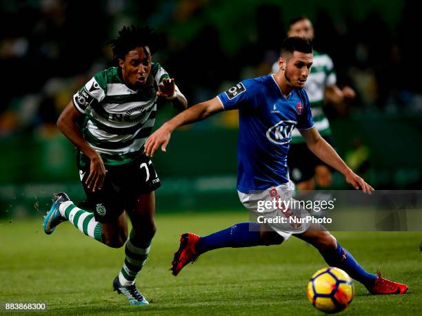 Sporting's forward Gelson Martins vies for the ball with Belenenses's defender Florent Hanin during Primeira Liga 2017/18 match between Sporting CP...