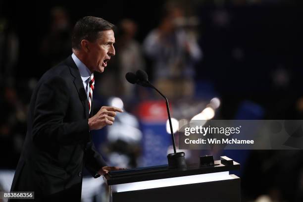 Retired Lt. Gen. Michael Flynn delivers a speech on the first day of the Republican National Convention on July 18, 2016 at the Quicken Loans Arena...