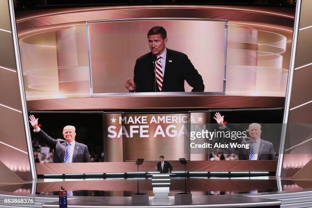 Retired Lt. Gen. Michael Flynn delivers a speech on the first day of the Republican National Convention on July 18, 2016 at the Quicken Loans Arena...