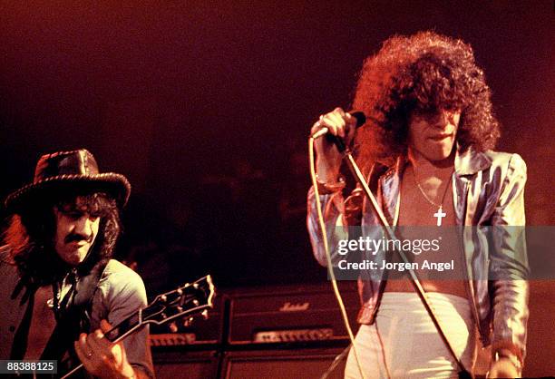 Manny Charlton and Dan McCafferty of the Scottish rock band Nazareth perform on stage in 1975 in Copenhagen, Denmark.