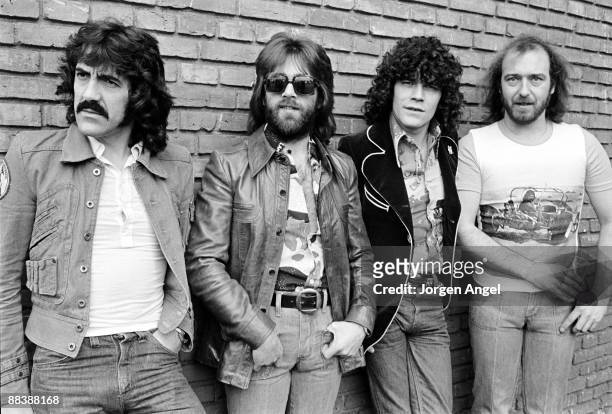 Manny Charlton, Darrell Sweet, Dan McCafferty and Pete Agnew of the Scottish rock band Nazareth posing for a group shot in April 1975 in Copenhagen,...
