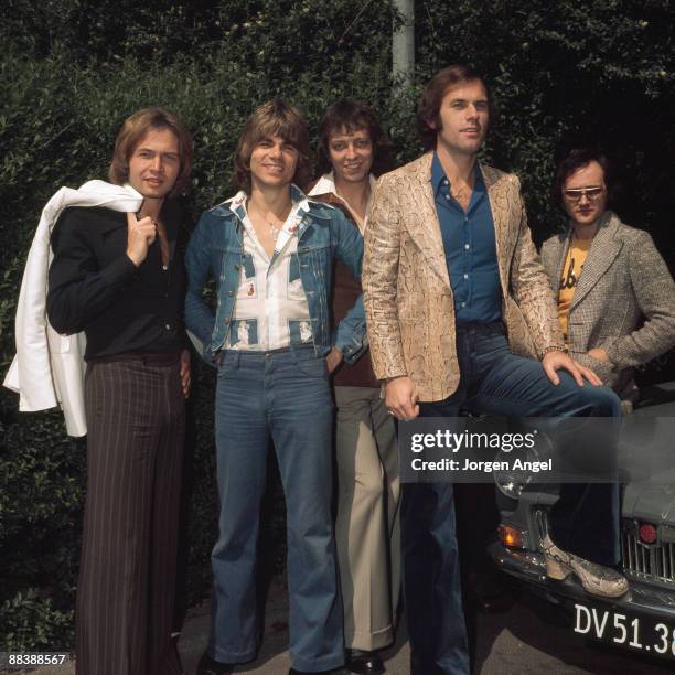 Alan Williams, John Richardson, Bill Hurd, Mick Clarke and Tony Thorpe of pop group the Rubettes pose for a group shot in 1975 in Denmark.