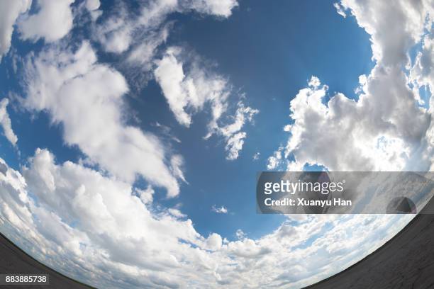 clouds in blue sky (fish eye) - fish eye lens stock pictures, royalty-free photos & images