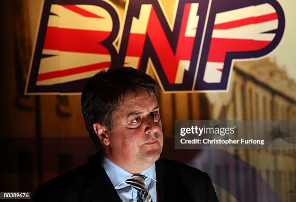 Leader of the British National Party, Nick Griffin MEP gives a media conference in the Ace of Diamonds pub on June 10, 2009 in Manchester, England....