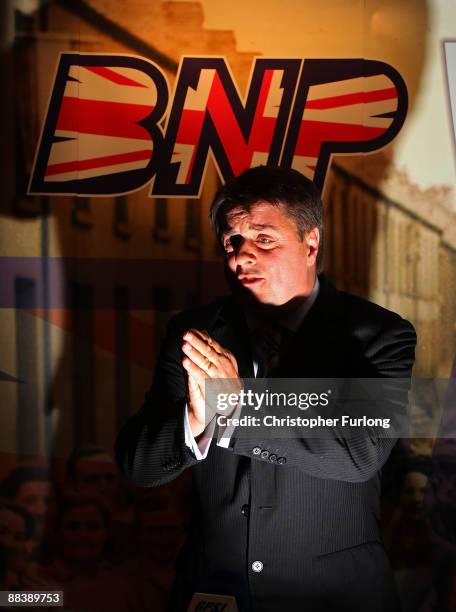 Leader of the British National Party, Nick Griffin MEP gives a media conference in the Ace of Diamonds pub on June 10, 2009 in Manchester, England....
