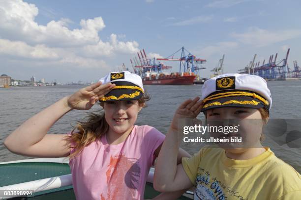 Children with captain´s hats, Container Terminal Burchardkai, Harbour, Hamburg, Germany