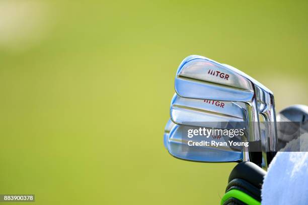 Close up view of Tiger Woods' irons during the second round of the Hero World Challenge at Albany course on December 1, 2017 in Nassau, Bahamas.