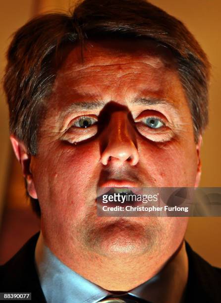 Leader of the British National Party, Nick Griffin MEP gives a media conference in the Ace of Diamonds pub on June 10, 2009 in Manchester, England....