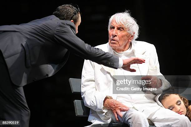 Dutch-born entertainer Johannes Heesters plays God, Matthias Hermann as Jedermann and Lisa Charlotte Friedrich as the Dead during the dress rehearsal...