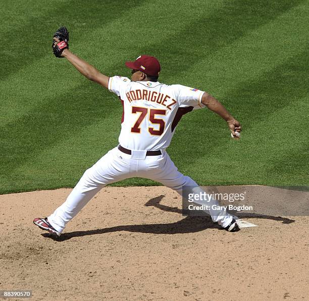 Venezuela's pitcher Francisco Rodriguez throws from the mound during the Pool 2 Game 1, of the second round of the 2009 World Baseball Classic at...