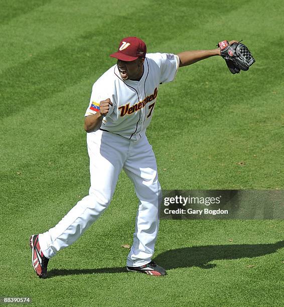 Venezuela's pitcher Francisco Rodriguez reacts to the win over The Netherlands during the Pool 2 Game 1, of the second round of the 2009 World...