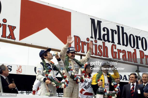 Clay Regazzoni, René Arnoux, Jean-Pierre Jarier, Grand Prix of Great Britain, Silverstone Circuit, 14 July 1979. Clay Regazzoni celebrating the first...